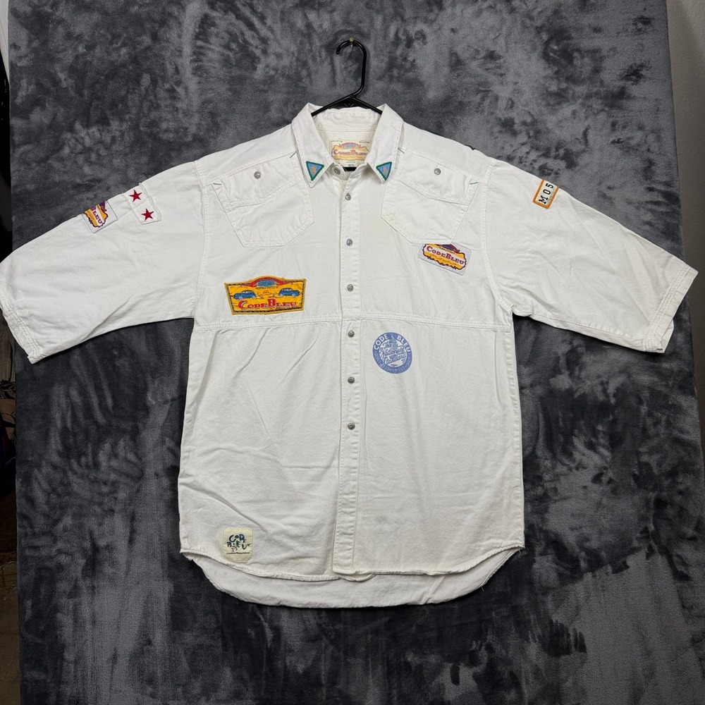 Code Bleu Button Shirt Mens XL White Vintage Cotton Patch Graphic Streetwear